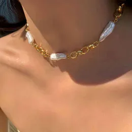 Peri'sbox Gold Chunky Chain Baroque Halsband Verklig sötvattenspärlhalsband för kvinnor Mässingskedjor Smycken 2020