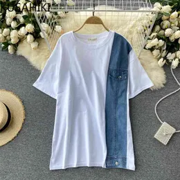 Demin Patchwork Causal Short Sleeve Woman Tshirts Summer O-neck Graphic Tee Korean Fashion Tops Female 6J151 210603