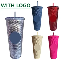 710ml Coffee Cup Summer Holiday Cold Water Mug Tumbler Cup With Straw Double Layer Plastic Durian Diamond Radiant Goddess Cups 210821