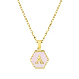 18K Gold 26 initial capital letters A to Z Alphabet hexagon shape pendant quality Stainless Steel Unique square charm necklace with pink real shell for lady girls