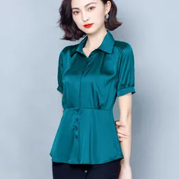 Korean Silk Shirt Women Summer Woman Solid Satin Blouses Tops Short Sleeve Blouse Top Plus Size Blusas Femininas Elegante 210531