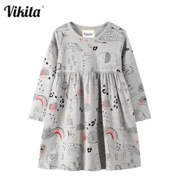 VIKITA Mädchen Cartoon Print Kleid Kinder Herbst Frühling Baumwolle Vestidos Kinder Langarm Graffiti Kleider Kinder Casual Kleidung 210303