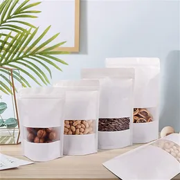 100pcs/lot Sealable Bags White Kraft Paper Bag Stand Up Zipper Resealable Food Grade Snack Cookie Packing Bag with Window