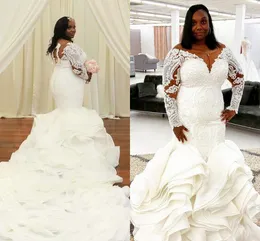 Plus Size African Mermaid Wedding Dresses 2022 Luxury Cathedral Ruffles Train Lace Long Sleeve Arabic Aso Ebi Bridal Dress Wear