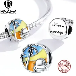 Bisaer Coconut Tree Carro Viagem Beads 925 Sterling Silver Charms Encantos Colorido Esmalte Pingente Fit Bracelete Colar ECC1530 Q0531