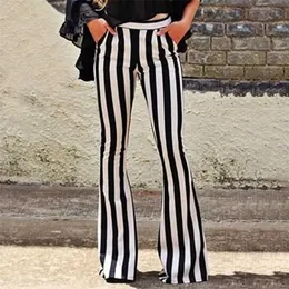 女性の緩いズボン女性のエレガントな黒の縦縞の高い腰ポケットワイドレッグパンツ女性ベルボトムフレアズボン211112