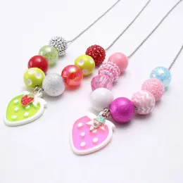 Cute Strawberry Pendant Long Chain Necklace Baby Girls Chunky Beads Necklace For Child Kids Party Jewelry Gift