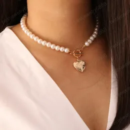 Valentines Necklace Fashion Heart Pendant Love You Letters Pearl Choker Necklaces Women Statement Jewelry Sweater Chain