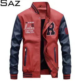 Saz Men Jacket Casual Letter Embroidery Leather Jackets Streetwear Fashion Baseball Bomber Coat 211217