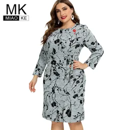 Autumn Womens Plus Size Vintage Print Dress Mode Damen Elegante Clubkleider 210306