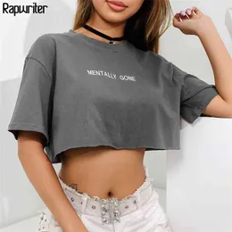 Rapwriter Casual Haft Litera Crop Tops T Shirt Kobiety Lato Top Harajuku O-Neck Krótki Rękaw Loose Tee Feminina 210623