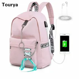 女性Tourya Backpackファッション防水スクールバッグのための10代の女の子USB電荷弓旅行RuckSackノートパソコンバグパックMochila 202211