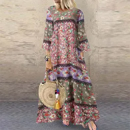 Boho tryckt maxi klänning vintage casual bomull linne klänning kvinnor vestidos patchwork robe plus storlek s-5xl lös ficka lång klänning y0118