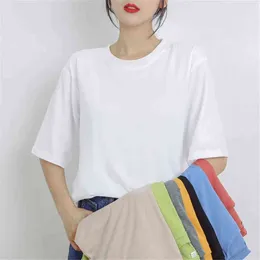 女性ソリッドカラーTシャツ綿韓国ファッション服プラスサイズハーフスリーブかわいい学生ベースのトップス女性シャツドロップシッピングG220228