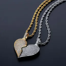 Avtagbara Broken Heart Halsband Lyx Bling Zircon Par Halsband Mode Guld Silver Färg Hip Hop Men Kvinnor Halsband