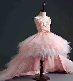 Glizt Girl Wedding Party Flower Girl Dresses Pink Tulle Trailing Princess Gown Beaded Floral Girl Pagant First Communion Gown G1218