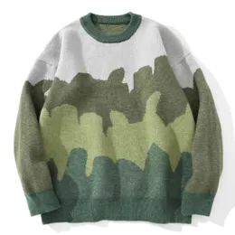 Harajuku pullovers män gradient randig jacquard stickad tröja hip hop retro kamouflage print streetwear sweatshirts