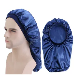 Mens Satin Long Bonnet Dreadlock Double Layer med elastiskt band Night Sleep Cap Soild Color Chemo Cap Soft Headcover