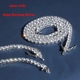 S925 Sterling Silver 4mm 1 wiersz CZ kamień łańcuch tenisowy naszyjnik kobiety moda naszyjniki mężczyźni Hip Hop Bling Ice Out raper biżuteria X0509