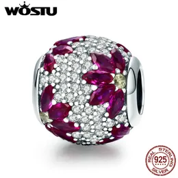 Wostu Brand New 925 Sterling Silver Dazzling Maple Folhas Vermelho Cz Grânulos Fit Charme Original Bracelete Pulseira Jóias Presente Fic570 Q0531