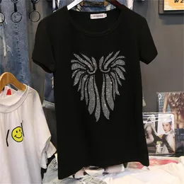 ハイアワタラインストーン半袖Tシャツ女性夏カジュアルブラックコットンダイヤモンドトップTX079 210304