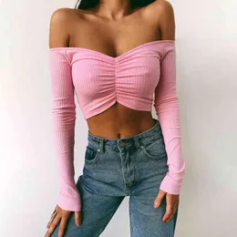 Off Shoulder Crop Top Women Summer Long Sleeve T Shirt V Neck tshirt Elegant Party Club Tee Shirt Femme Dames Streetwear G220228