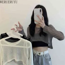WERUERUYU Women Summer T Shirts Super Short Sexy Long Sleeve See Through Tops Solid Korean Style Clothes 210722