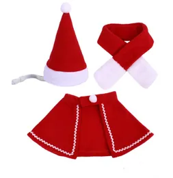 Pet Christmas Costume Outfit Set Dog Apparel Puppy Kitten Santa Hat Scarf Cloak Cat Party Cosplay Supplies Red