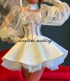 Biały Dubaj Arabski Krótki Prom Dress Długie Rękawy Wysokiej Neck Koronki Koktajl Party Suknie Mini Noc Noc Robe De Soirée de Mariage