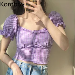 KOBOV Verão Coreano Slim Vintage Mulheres Blusas Chegada Quadrado Collar Feminino Camisas Preppy Style Mujer Blusas 210721