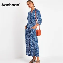 AACHOAEの女性の長い印刷ドレス3四半期のスリーブボヘミアンマキシのターンダウンカラーシャツvestidos Mujer 210623