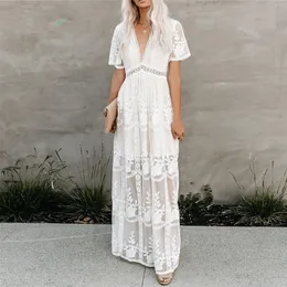Jastie Summer Boho Women Maxi Dress Loose Embroidery White Lace long Tunic Beach Dress Vacation Holiday Women Clothing 210303