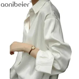 Elegant Office Lady Satin Spring Autumn Turn Down Collar Long Sleeve Women Blouses Button Shirt Plus Size 210604