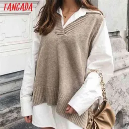 Tangada Women Fashion Solid Oversized Long Knitted Vest Sweater V Neck Sleeveless Female Waistcoat Chic Tops 2X04 210812