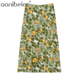 Gonne eleganti a vita alta estive in chiffon Midi Casual da donna con stampa di frutta verde limone con spacco femminile 210604