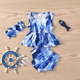 Baby Summer 3pcs Kläder Set Tie-Dye Ruffles Toppar och Shorts för Toddler Girls Fashion Outfit Kids 210529