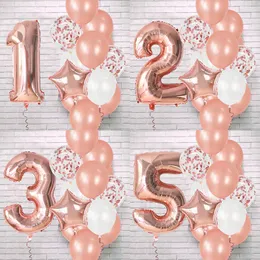12Pcs Rose Gold Number Foil Latex Balloons Kids Adult Birthday Party Decoration 1st Birthday Gril Boy Decor Baby Shower Balloon