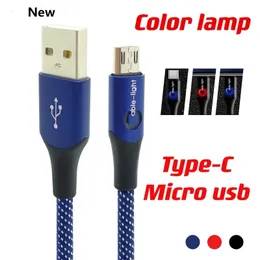 2.4a Fast Charge LED-kablar Typ C Micro Flätad USB-kabel 1m 3FT Alloy Fabric Cords för Samsung Huawei Android Moblie Phone PC