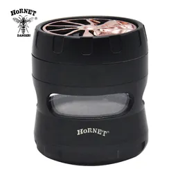 Hornet fumar moedor roda estilo zinco liga grande janela 63mm 4 peça metal tabaco erva moedor spice miller c0310