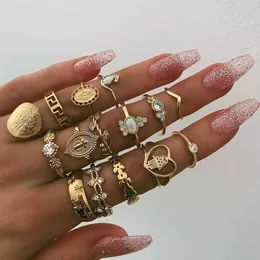 15 Pcs/Pack Antique Midi Finger Ring Set for Women Bohemian Gold Color Stone Vintage Punk Rings Fashion Party Boho Jewelry Gifts X0715