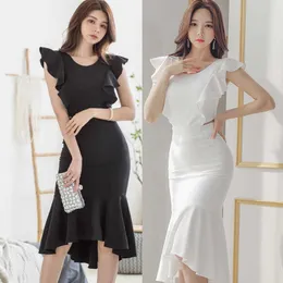 Summer Ruffles Hollow Out Mermaid Dress Office OL Wear Elegant Party Women Slim Midi Dresses Vestidos 210529