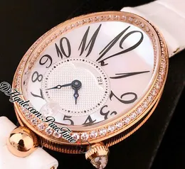 Reine de Neapol 8918BB Szwajcarski kwarcowy Zegarek Kobiet Różowe Złote Diamenty Bezel Mop Dial Arabski Markery Białe Skórzane Panie Zegarki PureTime F2D4
