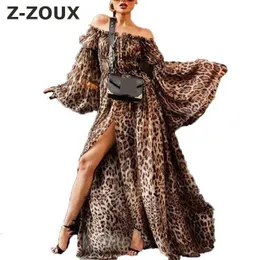 Women Dress Leopard Print Slash Neck Sexy High Waist Split Maxi Long Sleeve Loose Beach es Autumn 210524