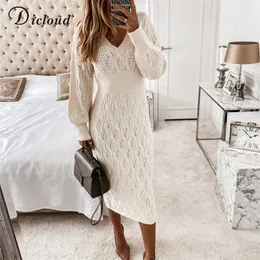 DICLOUD Beige Sweater Dress Woman Autumn Elastic Long Sleeve V Neck Elegant Hollow Midi Party Dresses Knitted Fashion 220228