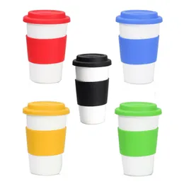 Porcelain Mugs Non-Slip Anti-Scald White Ceramic Mug with Solid Color Silicone Lid and Insulated Sleeve Travel Coffee Cup Portable Pottery Water Bottle ZL0046Sea