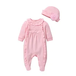 Autumn Infant Toddler Baby Girls Ruffle Design Long Sleeve Rompers Jumpsuit With Baby Solid Hat 210312