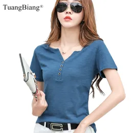 Krótki rękaw Summer Women Slub Bawełniane Koszulki Kobiet Przycisk Luźny Casual Moda Niebieski Sexy Głębokie Korea Korei Topy 210623