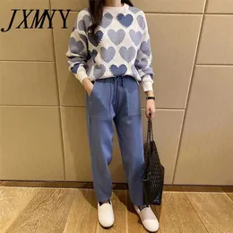JXMYY Fashion Love Printed Knitted Two Peice Suit Women Long Sleeve Sweater Tops And Solid Colors Casual Pants Female 211105