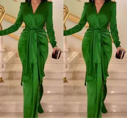 Green Evening Dresses with Long Sleeves 2022 V Neck Sheath Ruched Custom Made Peplum Plus Size Prom Party Gown vestidos Formal Occasion Wear