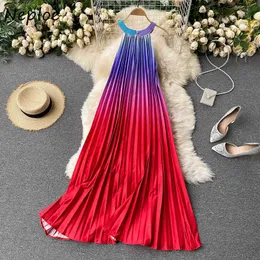 Neploe halter sommar lång klänning träff färg patch regnbåge gradient semester bohemian vestidos hög midja höft draped robe y0823